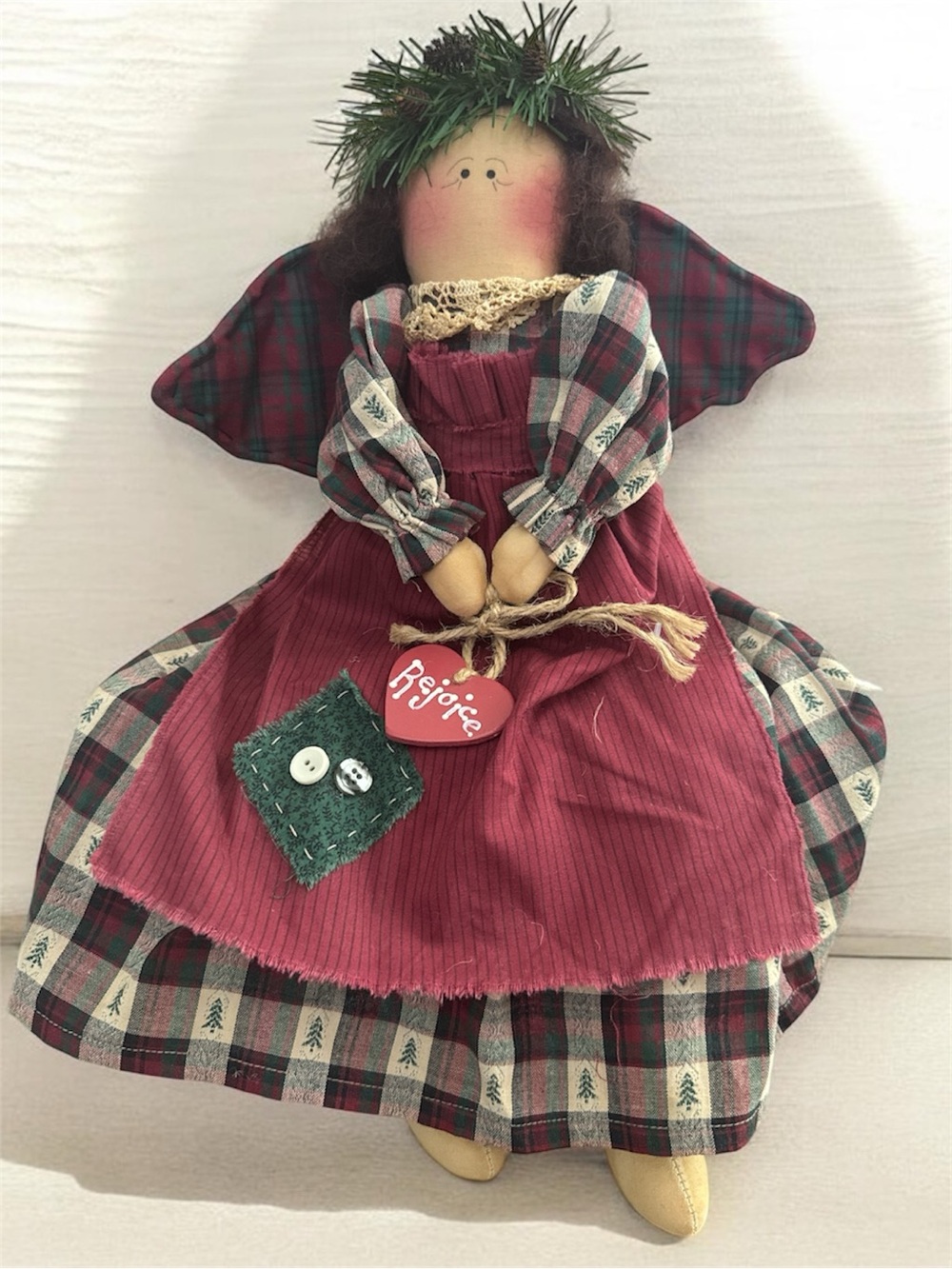Handmade Christmas Angel Doll - Red Plaid Holiday Decor Shelf Sitter
